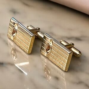 Vintage Cufflinks Mens Gold Tone Orange Marquise Glass Jewels Art Deco Formal